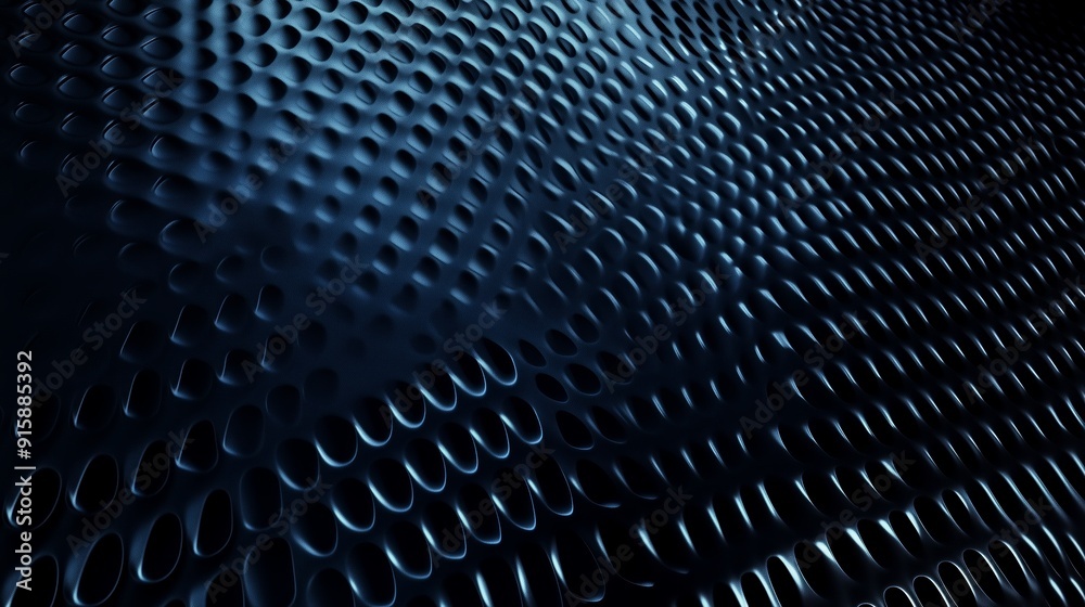 Poster textured metallic surface with circular patterns illuminated in dark blue tones for artistic effect