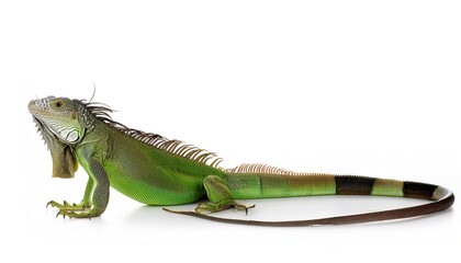 Fototapeta premium common green American iguana - Iguana iguana - is a large, arboreal, mostly herbivorous species of lizard Isolated on white background. Nuisance invasive species in South Florida. Can be Orange color