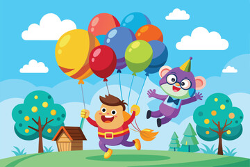 Obraz premium A cheerful child and a playful cartoon animal fly balloons in a lively park, surrounded by greenery and fluffy clouds under a clear blue sky