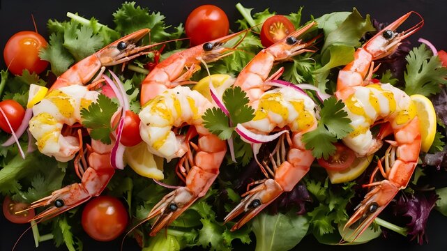 A visually appealing prawn salad, fresh succulent prawns, avocado slices and cherry tomatoes. - Powered by Adobe