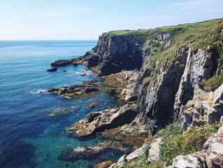 sea, taken from an elevated position on top of high cliffs overlooking towards water