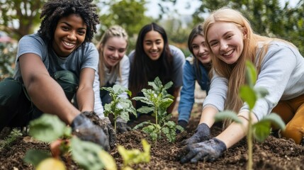 Diverse Group of Women Gardening Together
