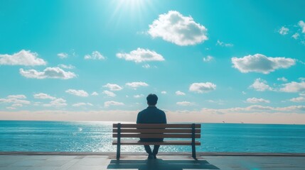 Man Sitting Alone on Bench Overlooking Ocean
