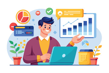 A bank worker examines credit card trend data using a laptop, surrounded by charts, graphs, and office plants in a contemporary workspace