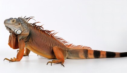 Obraz premium common green - orange phase - American iguana - Iguana iguana - is a large, arboreal, mostly herbivorous species of lizard Isolated on white background. Nuisance invasive species in South Florida.
