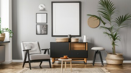 Trendy Nordic living room with designer chair, black frame, cabinet, stool, plant, decor, loft wall, and personal items in contemporary home.
