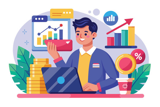 A bank employee reviews credit card trends while seated at a desk, surrounded by charts, graphs, and stacks of coins