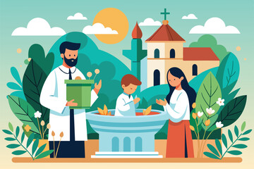 A child is being baptized outdoors, surrounded by family members and clergy, with a beautiful church and nature in the background