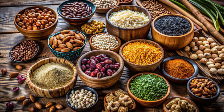 Macro shot of whole grains, nuts, and legumes rich in thiamin, a essential vitamin for energy metabolism and nerve function, on a rustic wooden table.