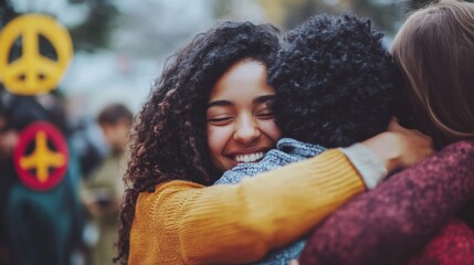 Friends hugging warmly in front of peace signs
