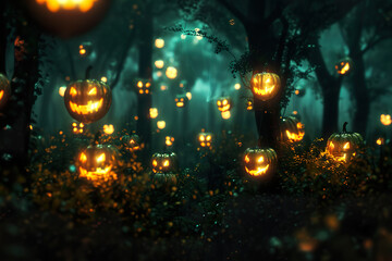 Obraz premium A forest filled with pumpkins with their faces lit up, generative ai.
