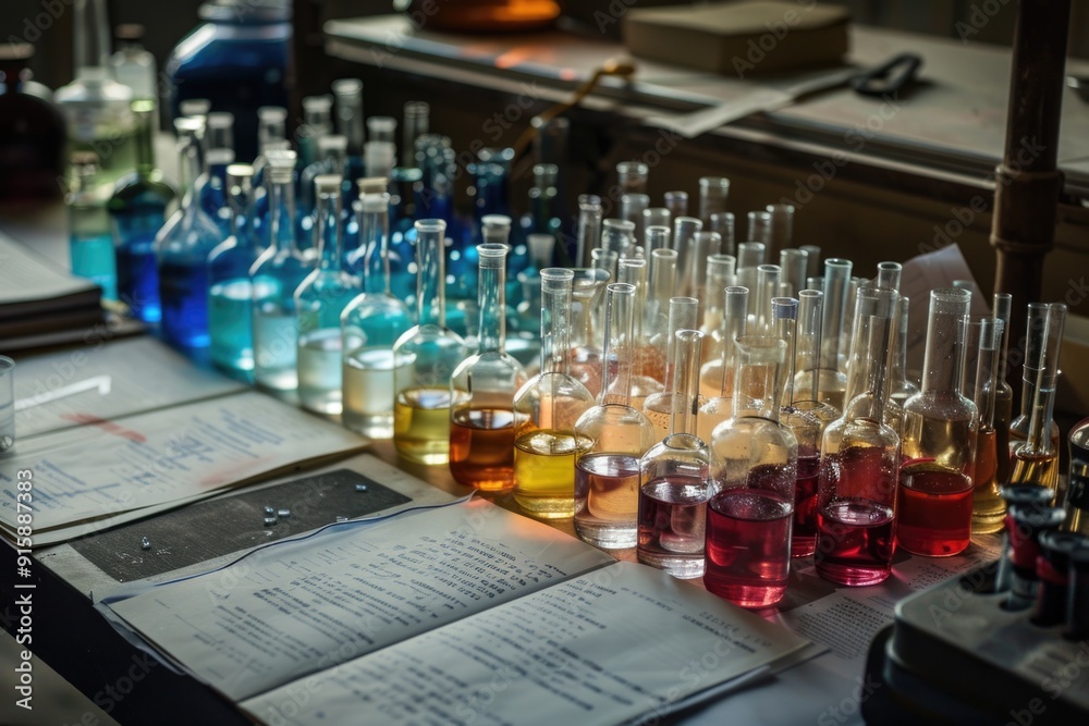 Poster a collection of colorful liquids on a table, great for illustrating chemical reactions or science co