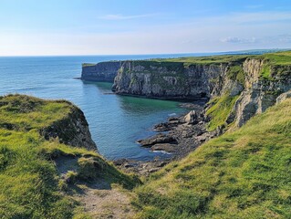 sea, taken from an elevated position on top of high cliffs overlooking towards water