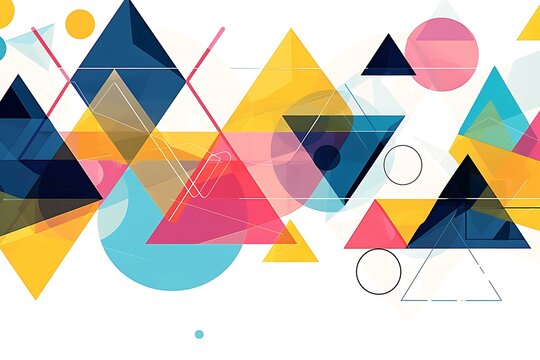 Abstract geometric design with interlocking triangles and circles in vibrant hues, against a clean white background, creating a dynamic, minimalist pattern.