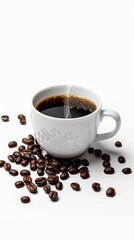 A warm cup of coffee sits atop a white table, with coffee beans spread around it