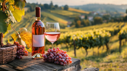 Wine bottle and glass of wine, vineyard