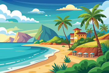 Obraz premium A vibrant beach scene features lush palm trees, gentle waves, and distant mountains under a bright blue sky, creating a peaceful coastal atmosphere