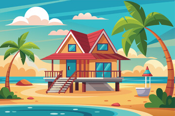 Obraz premium A vibrant beach house sits by the ocean with palm trees swaying in the breeze under a bright blue sky and fluffy clouds