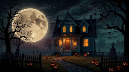 an enchanting Halloween scene with a haunted house on a hill, glowing jack-o'-lanterns, twisted trees, playful ghosts, a full moon, a witch on a broomstick, and eerie yet vibrant colors