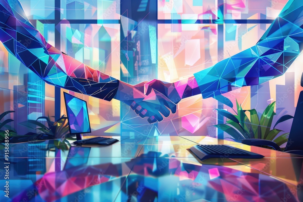 Poster two individuals shaking hands in front of a computer screen, symbolizing a business meeting or partn
