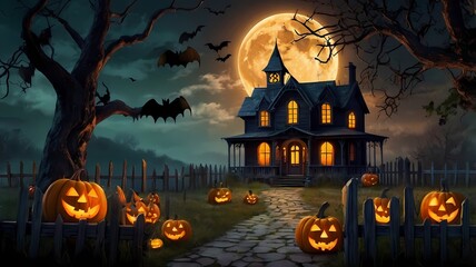 an enchanting Halloween scene with a haunted house on a hill, glowing jack-o'-lanterns, twisted trees, playful ghosts, a full moon, a witch on a broomstick, and eerie yet vibrant colors