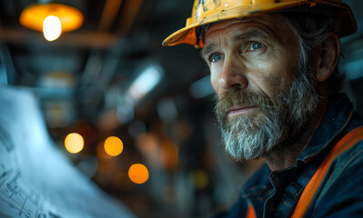Fototapeta premium A man with a yellow hard hat is looking at a piece of paper. He is wearing an orange vest and he is a construction worker