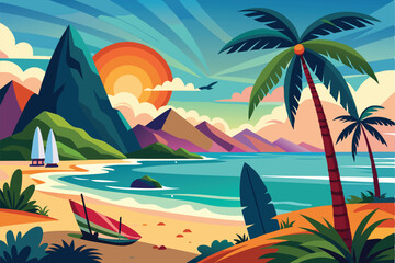 Obraz premium A vibrant sunset casts warm hues over the ocean, while palm trees sway beside surfboards on a scenic beach with soft waves lapping at the shore