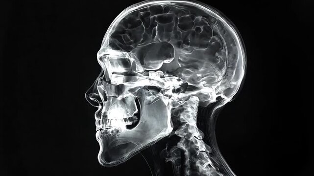 3D x-ray of a skull rotating.