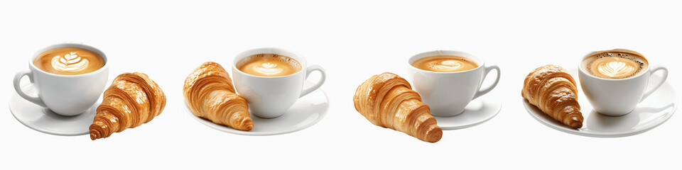 set of A cup of freshly brewed coffee with steam rising, placed next to a croissant, Steaming Coffee, Morning Brewed Coffee, Warm Cup of Coffee, Breakfast Coffee, on a transparent backgrounds