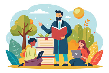 A teacher leads a bible study session, encouraging students while they engage with books and technology in a colorful, nature-filled environment