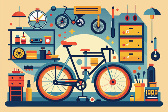 A vibrant bicycle workshop features various tools, spare parts, and a prominently displayed bike, showcasing a space for customization and repairs