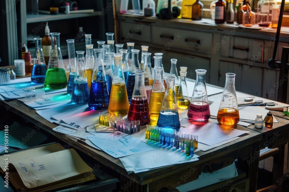 Poster a laboratory table filled with various colorful liquids, suitable for science and education projects