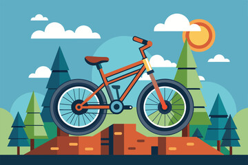 Naklejka premium A vibrant bike stands poised on a rocky surface surrounded by tall pine trees under a clear blue sky and shining sun