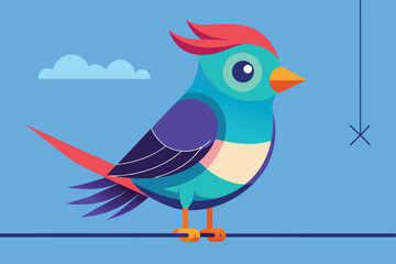 A vibrant bird stands on a wire, sporting distinct colors, set against a clear blue backdrop with fluffy clouds