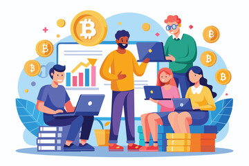A diverse team collaborates enthusiastically, using laptops to discuss Bitcoin business strategies and market insights in a modern office environment