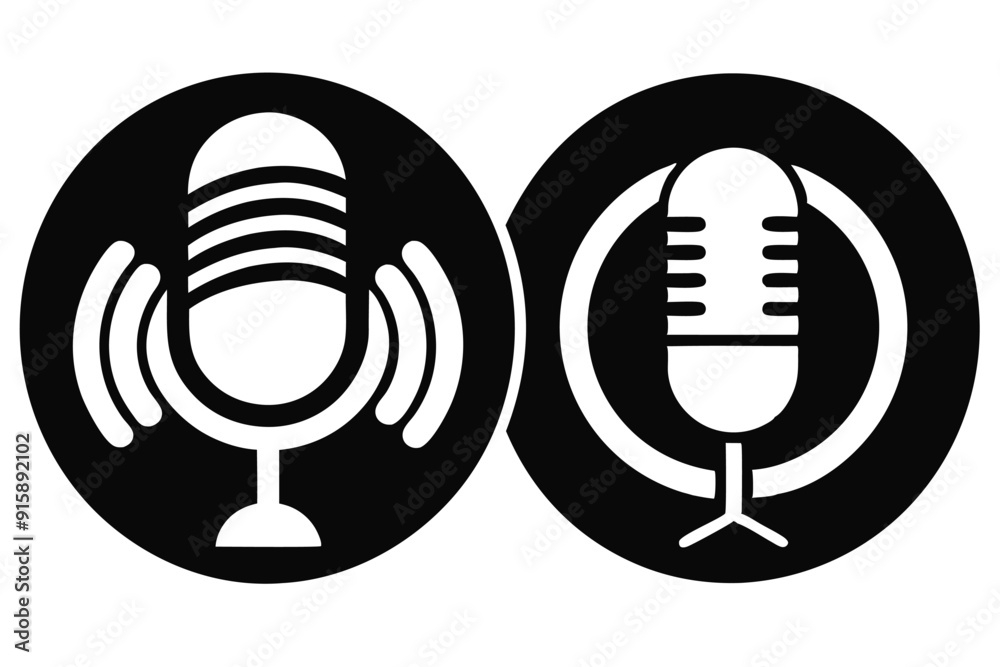 Wall mural two stylized black and white microphone icons illustrating sound recording and communication in a mo