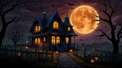 an enchanting Halloween scene with a haunted house on a hill, glowing jack-o'-lanterns, twisted trees, playful ghosts, a full moon, a witch on a broomstick, and eerie yet vibrant colors	
