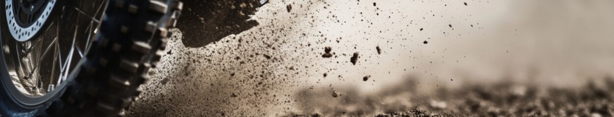 Fototapeta premium Dynamic Close-up of a Dirt Bike Tire Spinning Rapidly, Kicking Up Dust and Debris in an Intense Action Shot, Ideal for Thrill-Seekers and Adventure Enthusiasts.