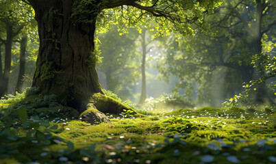 Fototapeta premium A large tree with moss growing on it is surrounded by a lush green field. The scene is peaceful and serene, with the sunlight filtering through the leaves and creating a warm, inviting atmosphere