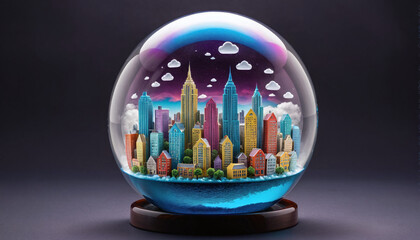 Conceptual representation of a city wrapped in a bubble, city as a self-contained system, rising population and urbanization