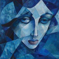 A cubist depiction of a strikingly melancholic girl clothed in shades of blue, exuding an aura of enigma and charm.