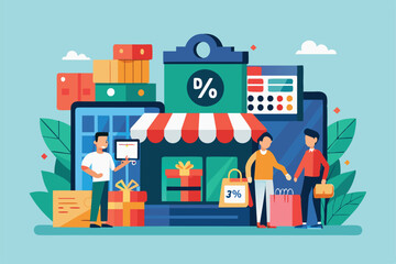 Obraz premium Shoppers engage in festive activities outside a store decorated for Black Friday, showcasing deals and holiday spirit with vibrant colors