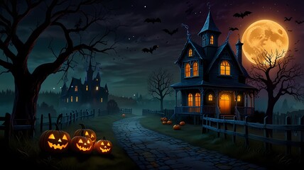 an enchanting Halloween scene with a haunted house on a hill, glowing jack-o'-lanterns, twisted trees, playful ghosts, a full moon, a witch on a broomstick, and eerie yet vibrant colors	