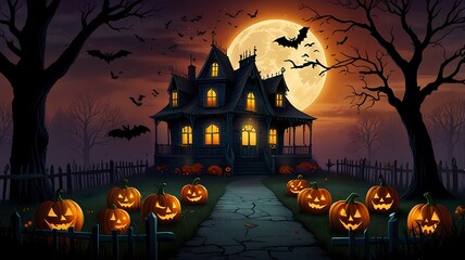 an enchanting Halloween scene with a haunted house on a hill, glowing jack-o'-lanterns, twisted trees, playful ghosts, a full moon, a witch on a broomstick, and eerie yet vibrant colors	