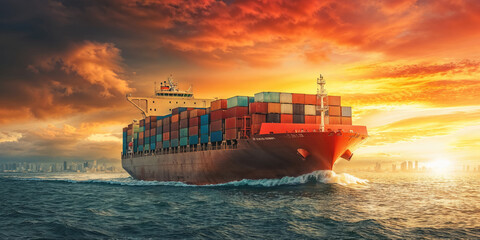 Large container ship sailing at sunset towards the city