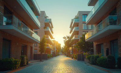 Obraz premium A brick walkway with a tree in the middle of it. The walkway is surrounded by buildings and has a lot of windows