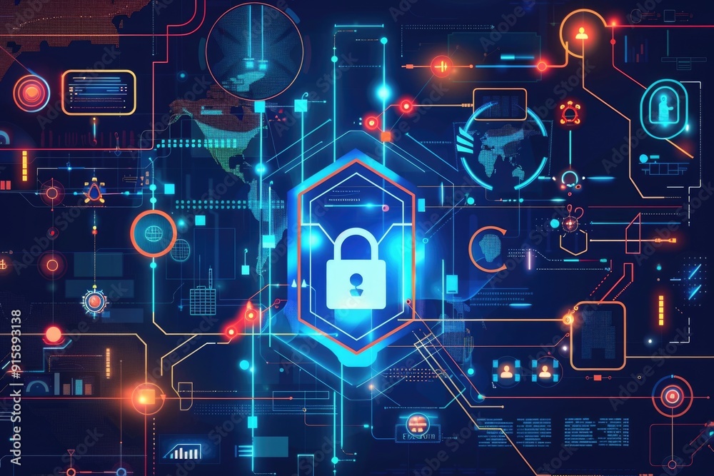 Poster a digital illustration of a padlock surrounded by various icons, suitable for use in presentations a