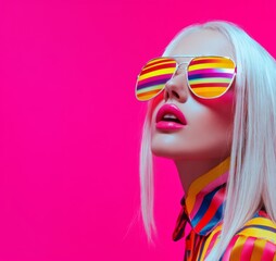 Fototapeta premium Fashionable woman with colorful makeup and white hair against pink background. Summer party concept. 