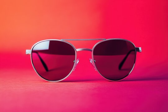 Sunglasses with silver frame and dark purple lens on marble table, front view, red wall in the background