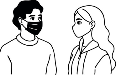 Illustration of Two People Wearing Face Masks in Conversation